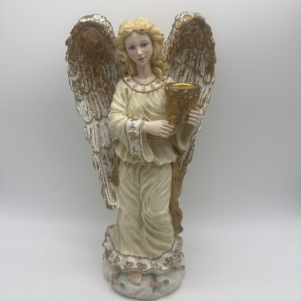 Resin Winged Angel Figurine Statue Taper Candle Holder Holiday Gold Ivory 12"